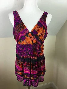 Ricki's abstraktes Boho Top Shirt Bluse Gr. 4 NEU lila orange geraffte Taille  - Bild 1 von 10