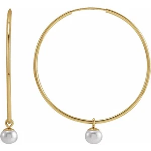 14K Solid Yellow Cultured Pearl Hoop Earrings 3 Sizes Trending - Foto 1 di 8