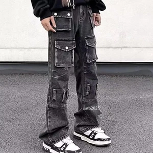 Men's Black Denim Jeans Multi Pockets Straight Leg Casual Pants Punk Hip Hop New - Picture 1 of 25