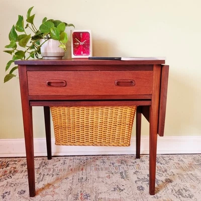 Teak Danish Sewing Side End Occasional Table Vintage Mid Century With Basket - Image 1 of 4