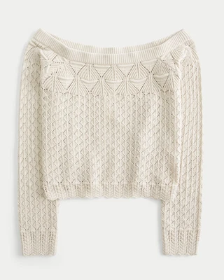 Hollister Ivory X-SMALL Stitchy Crochet Style Off The Shoulder Sweater NWT 320 - Image 1 of 4