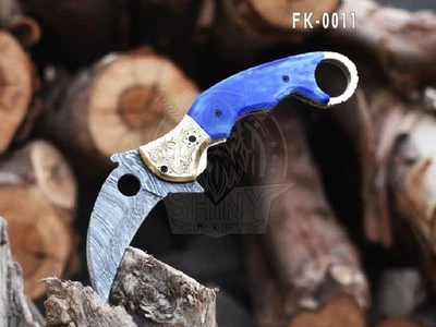 Hermoso cuchillo de bolsillo Damasco hecho a mano forro bloqueo cuchillo de camping caza FK-14 Foto 1 de 4