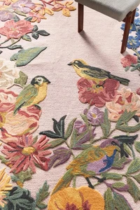 Hand Tufted Floral Bird Area Rug Pastel Pink Multicolor Wool Carpet Living Room - Picture 1 of 5