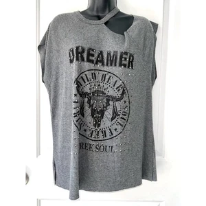 Vocal Dreamer Rhinestone Embellished Gray Top with Cutout on Shoulder SZ Med - Picture 1 of 6