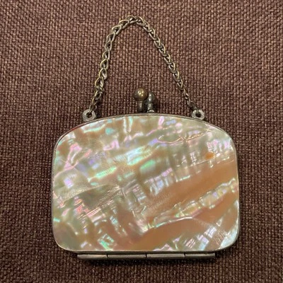 Antique Coin Purse Mother of Pearl Red Interior 3 Compartment Chatelaine Chain - Image 1 of 4