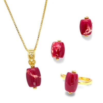 Juego de collar colgante, pendientes y anillos enchapados en oro de ágata roja natural - 3 piezas Foto 1 de 4