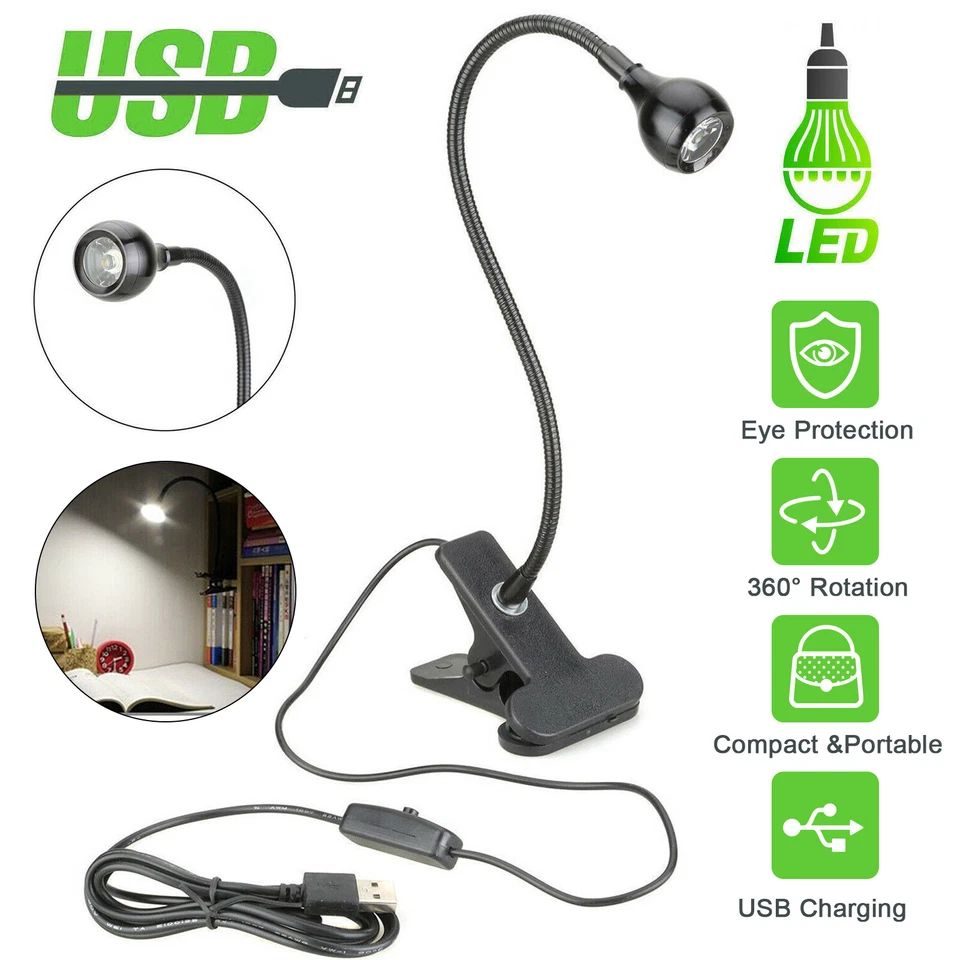 Lámpara de libro de mesa de escritorio con luz LED blanca de lectura flexible USB con clip al lado de la cama Foto 1 de 4