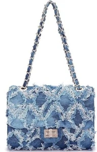 Women Small Quilted Crossbody Shoulder Bag Casual Jean Denim Purse Chain Strap - Picture 1 of 11