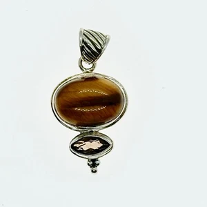 Natural Tiger Eye and Smoky Quartz Sterling Silver Pendant - Picture 1 of 3