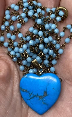 Vintage turquoise stone heart long necklace on turquoise glass beaded chain - Image 1 of 4