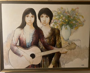 Charles Lanier American Mid Century Modernist Oil Painting 2 Women Guitar 30”x40 - Picture 1 of 1