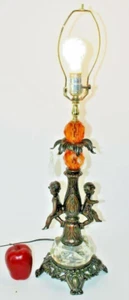 Vintage Twin Cherub Metal, Glass and Crystal Lamp ~ 29"H x 9"D - Picture 1 of 11