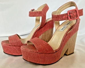 🍒 Jimmy Choo Coral Rosa Tweed Madera Grano Plataforma Sandalias Tacones 38.5 🍒 - Imagen 1 de 17