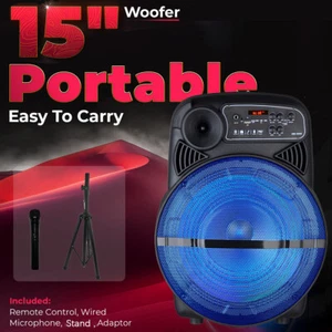 15" Portable Bluetooth Speaker Sound System DJ Party Speaker w/LED, Mic & Stand - Picture 1 of 14