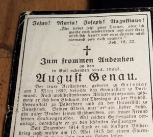 August Genau 1892 Geimar 1915 Sturmangriff in Galizien I. Weltkrieg Totenzettel - Picture 1 of 2