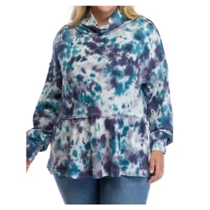 NEW Waffle Knit Pullover Top Plus Size 2X Peplum Mock Neck Blue White Tie Dye - Picture 1 of 8