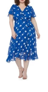 Danny and Nicole Blue Plus 22W Dot Chiffon Dress Short Sleeve Belt Retail $79 - Picture 1 of 12