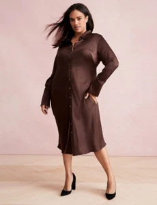 NEW LANE BRYANT CHOCOLATE PLUM BELTED SATIN BUTTON-DOWN SHIRT DRESS SZ 24 - Picture 1 of 3