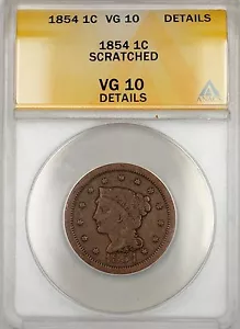 1854 Large Cent 1c Coin ANACS VG 10 Details Scratched - Picture 1 of 2
