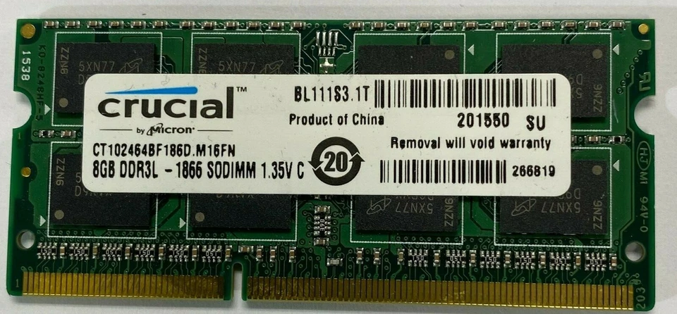 Crucial 8GB CT102464BF186D  DDR3L 1866  PC3-14900 Laptop  SODIMM 204-Pin Memory - Image 1 of 1