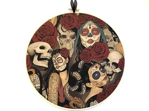 Day of The Dead, Goth 10” Hoop Art Handmade, New, Wall Hanging - Picture 1 of 6
