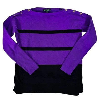 Suéter Para Mujer Lauren Ralph Lauren Púrpura Negro Rayas Cuello Redondo Manga Larga M Foto 1 de 4