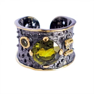 Round Moldavite Gemstone 925 Sterling Silver Women Cuff  Ring Handmade Jewelry - Picture 1 of 6