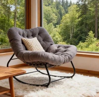 Garden Outdoor Rocking Chair Large Metal Frame Thick Padding Grey - Image 1 of 4