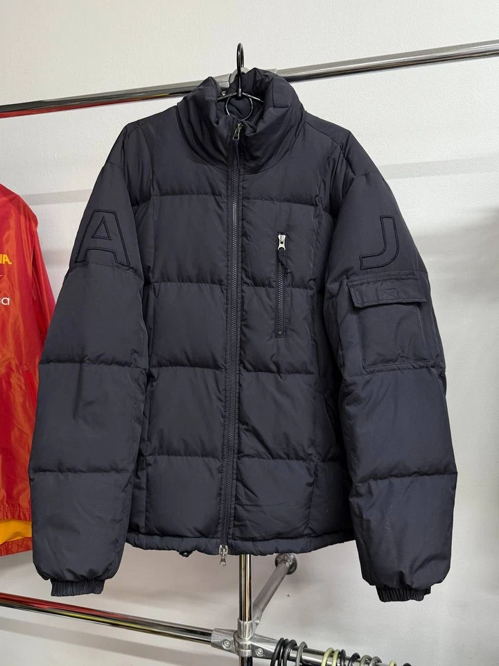 Vintage Armani Jeans Puffer Down Ski Jacket Hooded Big Logo Men Size 40 Blue - Image 1 of 4