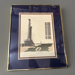 Vtg R Bumpass Oil Derrick Color Lithograph signed numbered 343/1000 Metal Frame - Picture 1 of 6