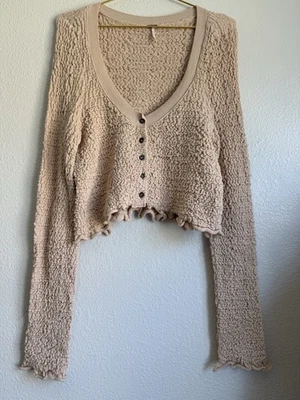 Free People Tan Long Sleeve Crop Button Textured Knit Cardigan Sweater Sz L - Image 1 of 4