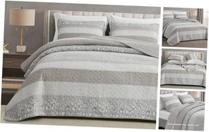 Robyn 3-Piece Neutral Taupe Gray White Floral Hibiscus Flower Patchwork - Picture 1 of 8