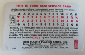Kem Plastic Playing Card - Service Card for Replacements - Made in USA - Vintage - Picture 1 of 5