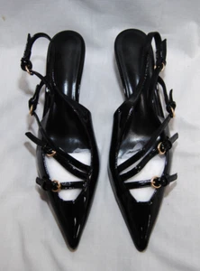 Womens Patent Leather Pointed Toe 3 Buckle Straps Slingback Kitten Heels T2362 - Picture 1 of 20