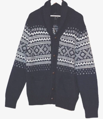 j.crew Fair Isle wool alpaca men navy white button cardigan Size:L - Image 1 of 4