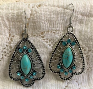 Turq Howlite Cabochon Sparkly Earrings Tibetan Silver Jewelry 1-1/2 x 1" - Picture 1 of 2