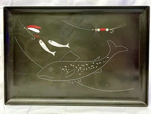 VTG MCM Couroc of Monterey Fish Tray Black Lacquer Silver Turquoise Inlay 18” - Picture 1 of 10