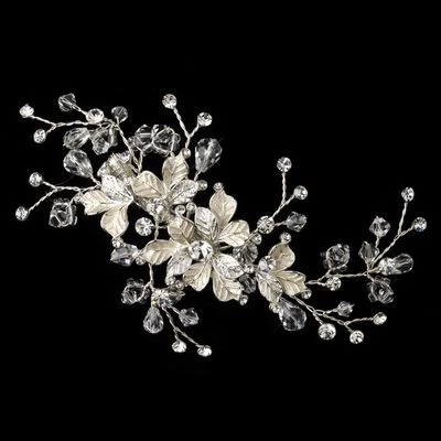 Silver Clear Austrian Crystal Rhinestone Floral Leaf Vine Prom Bridal Hair Clip - Image 1 of 3