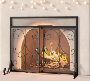Flat Fireplace Screen with Doors, Wrought Iron Frame with Metal Mesh, Flat Panel - Picture 1 of 8