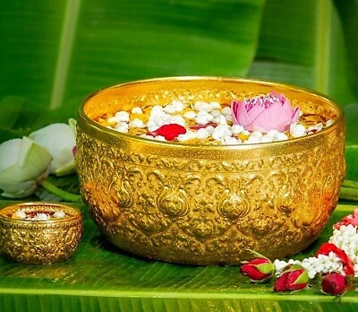 Bandeja tazón para servir tailandés colección vintage oro aluminio y 2 tazones  Foto 1 de 4