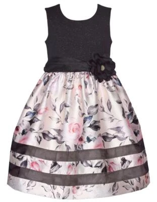 NUEVO Vestido Bonnie Jean Niñas Talla 2T "NEGRO ROSA FLORAL" Tejido Brillante Mikado Nuevo con Etiquetas Foto 1 de 4