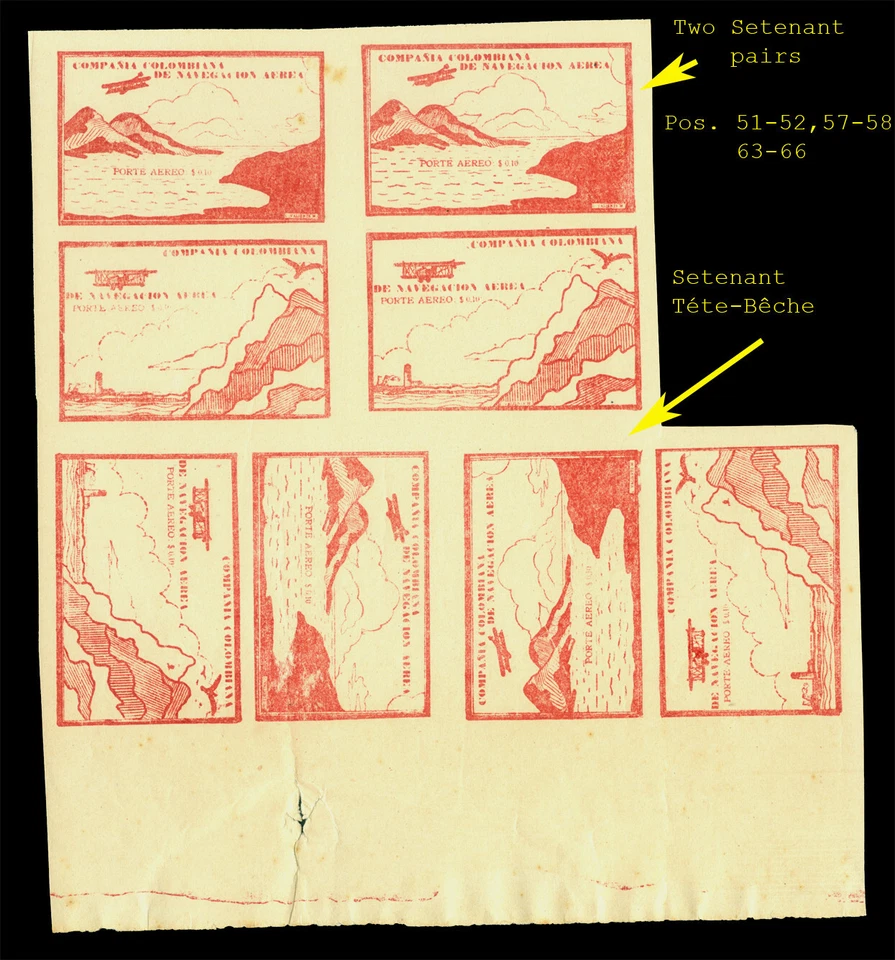 COLOMBIA 1920 AIRMAIL Plane & Mountains TETE-BECHE +SETENANT PAIRS Sc C11Cj Rare - Image 1 of 2