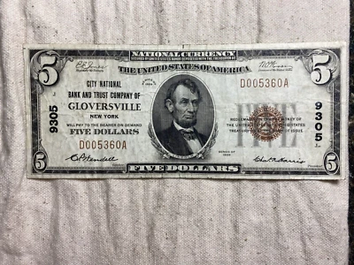 $5 1929 Gloversville New York NY National Currency Bank Note Bill Ch. #9305 - Image 1 of 4