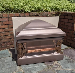 Large Metallic Gray Coffin Casket Sample Heavy Corner Display Halloween Cemetery - Picture 1 of 16