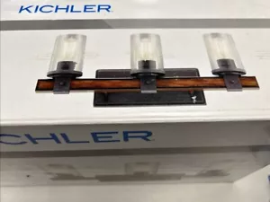 New Kichler Barrington 3-Light Rustic Vanity Light Distressed black/Wood Finish - Picture 1 of 5