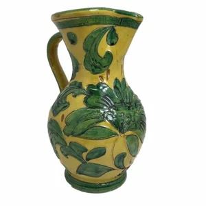 Hand painted Italian Pottery Pitcher Vase Floral Yellow Green Farmhouse Folk Art - Picture 1 of 14