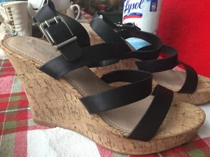 Women's SZ 11 M Cork Heel Espadrille Wedge BLACK CHARLES EDWARDS NEW SANDALS - Picture 1 of 9