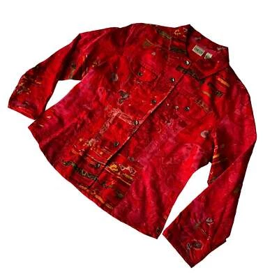 Chaqueta Camisa Chico's Roja Seda Cruda Floral Talla 2 Foto 1 de 4