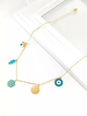 1pcs Evil Eye Fatimas Hamsa Hand Nazarlik Halskette Edelstahl goldplated  Kette - Bild 1 von 2