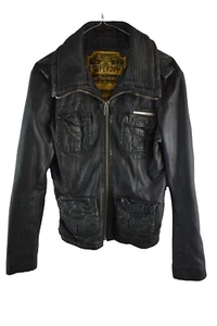 Superdry Womans Biker Soft Black Leather Zip Up Jacket Collared 80s 90s Size M - Picture 1 of 8